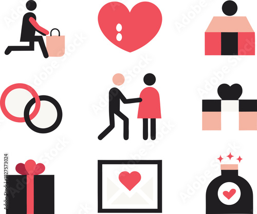 Romantic engagement and proposal icons bundle vector graphics for love and marriage celebrations