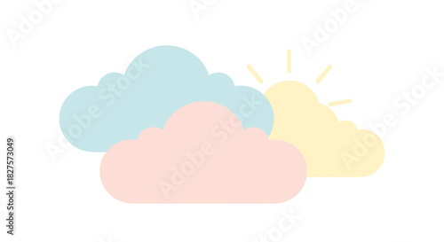 Simple and colorful illustration of clouds and sun, representing weather conditions, ideal for design