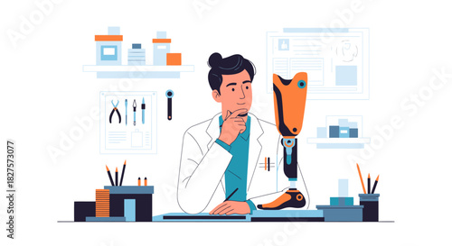 Medical Professional Contemplating Prosthetic Limb in a Modern Laboratory Setting