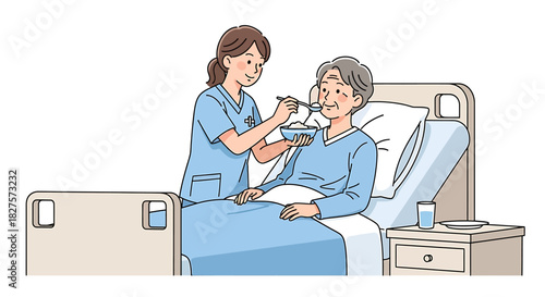 Nurse feeding elderly woman in hospital bed - compassionate care illustration