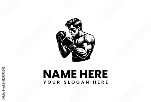 Boxing logo vector illustration in black and white, featuring a muscular boxer with gloves, editable vector design with customizable text area, eps format