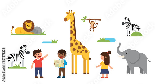 Vibrant Flat Design Illustration of Enthusiastic Children Exploring Diverse Safari Animals and Wildlife in a Fun Educational Environment