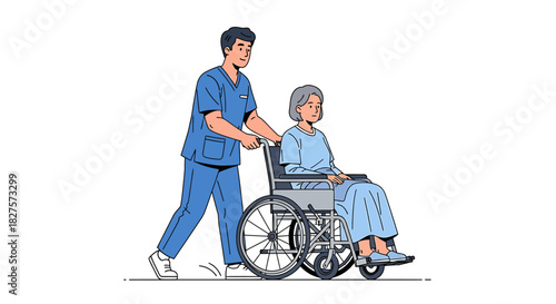 Caregiver pushing elderly woman in a wheelchair, providing assistance and support for mobility