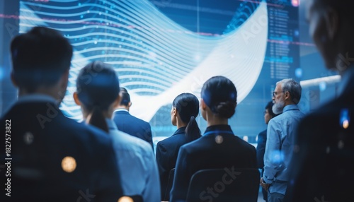 Business professionals observing a large digital screen with abstract data visualization during a conference, concept for business intelligence, technology innovation and corporate training