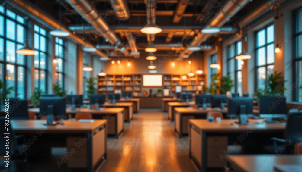 Obraz premium Modern open office interior with rows of wooden desks and computers, warm industrial lighting, large windows and organized workspace creating a productive collaborative atmosphere 