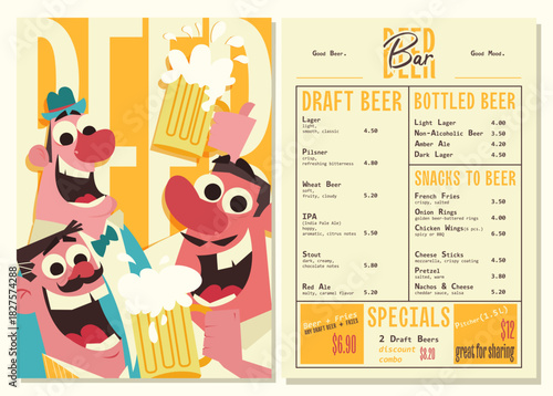 A playful vintage-style beer bar menu with funny  characters holding beer mugs. Includes draft and bottled beer list, snacks to beer, and specials section. Retro mid-century diner style. Suitable for 