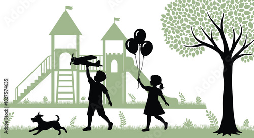 Children Playing in Park Silhouette, Boy with Toy Airplane and Girl Holding Balloons, Dog Running in Grass, Castle Playground Structure and Large Tree Vector Illustration, Childhood Fun.