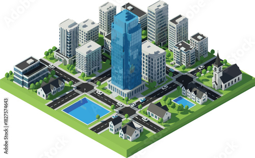 Central Blue Skyscraper, Downtown Office Towers, Suburban Houses, Roads, and Green Parks. Urban Planning and Real Estate Vector.