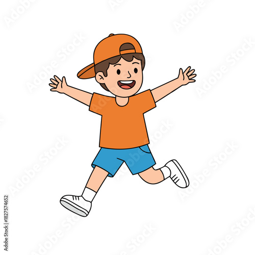Joyful young boy in orange t-shirt blue shorts and orange cap running with arms wide open against a black background