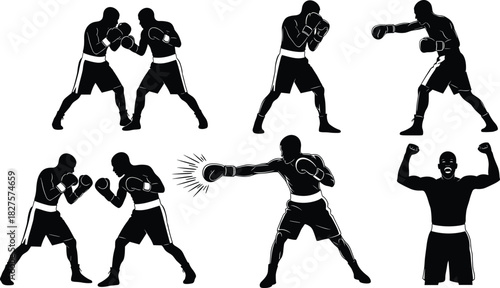Collection of black and white vector silhouettes depicting boxers in various fighting poses, including sparring, punching, and celebrating, isolated on a white background for sports design.