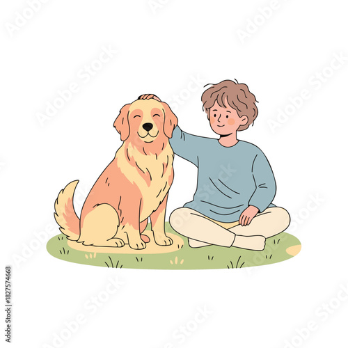 Joyful Young Boy Petting His Beloved Golden Retriever Dog Sitting on Green Grass Outdoors Enjoying Sunny Day Together