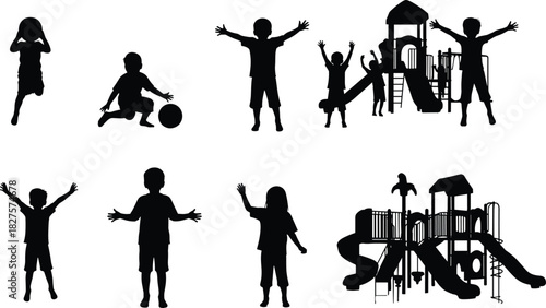 Children playing silhouette vector set, kids running, jumping, active poses, boys and girls enjoying playground equipment with slides, swings, childhood activity and fun