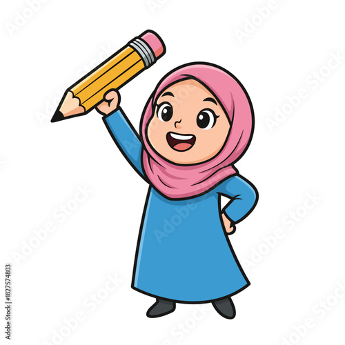 Joyful Young Girl Wearing a Pink Hijab and Blue Dress Holds a Large Yellow Pencil Ready to Draw or Write with a Determined Expression on Her Face