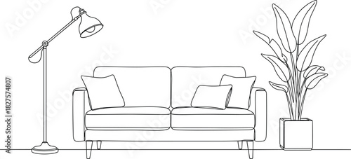 Cozy Modern Sofa, Adjustable Floor Lamp, and Tropical Houseplant. Simple One-Line Sketch of Contemporary Home Furniture for Minimalist Decor Background.