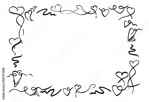 Playful whimsical doodle sketch hearts, beating pulse lines aligned in rectangular shape. Hand drawn vector frame in pen and ink. Love-themed layout, wedding invitation, Valentine romantic template