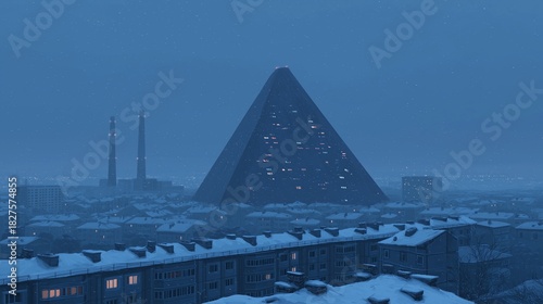 Atmospheric 3D render of a gigantic dark pyramid-shaped megastructure rising above a snowy residential city skyline in a dystopian winter evening.