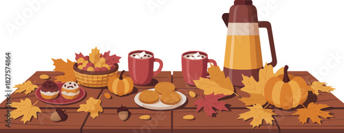 Wooden table served with coffee cups cookies pumpkins and thermos flask surrounded by autumn leaves pixel art vector illustration for thanksgiving