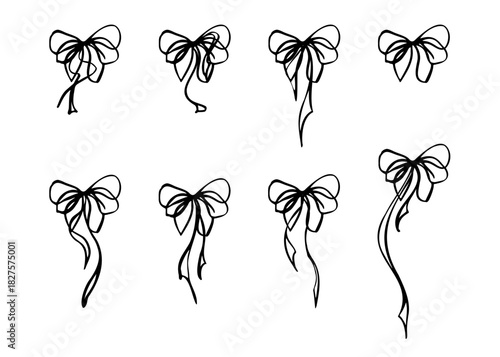 Decorative ink ribbon bows in various shapes, double loop, butterfly, and knot styles. Vector isolated objects hand drawn in flat minimal design. Stationery, digital planners, and branding accents.