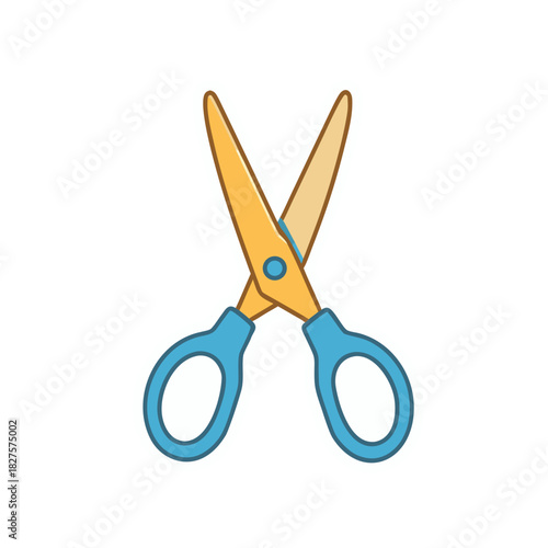 Illustration of open blue and gold scissors on a black background with a white border