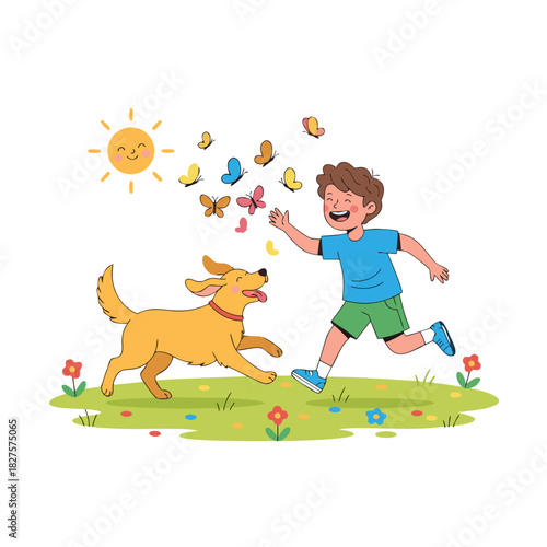 Joyful boy and golden retriever dog run through a sunny garden filled with colorful butterflies and blooming flowers creating a scene of outdoor summer fun and childhood happiness