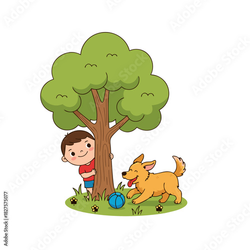 Joyful boy peeking from behind a tree while his golden dog plays with a blue ball on a sunny autumn day with scattered leaves and acorns on the green grass