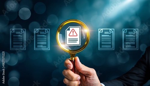 Hand holding magnifying glass highlighting a document with a warning icon on a digital background, concept for risk management, data analysis and compliance