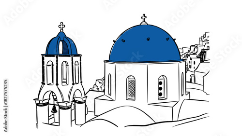 Hand Drawn Santorini Blue Dome Church Vector Illustration Grunge Chalk Greek Travel Poster