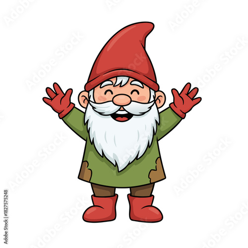 Joyful cartoon gnome with red hat and beard in green tunic and red boots with hands raised in greeting isolated on black background