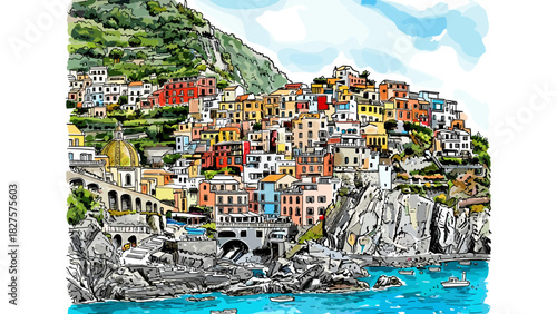 Positano Italy Amalfi Coast Travel Poster Vector Illustration Hand Drawn Cliffside Village Sketch