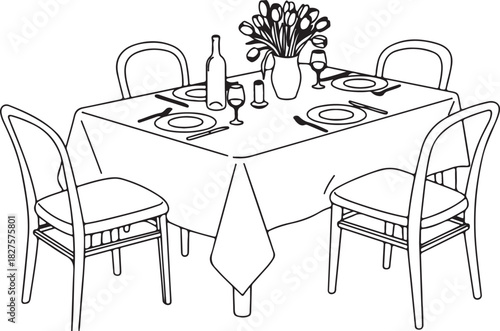 Elegant square dining table set for two with flowers and wine glasses in a romantic dinner setting