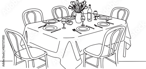 Elegant formal dining table setting for six people with floral centerpiece and wine bottles in a sketch style