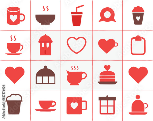 Valentine's day cafe icons bundle featuring latte art hearts and sweets scalable vector graphics