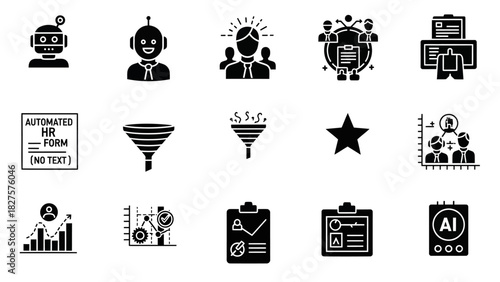 Collection of modern minimalist icons representing business, technology, and data analysis concepts