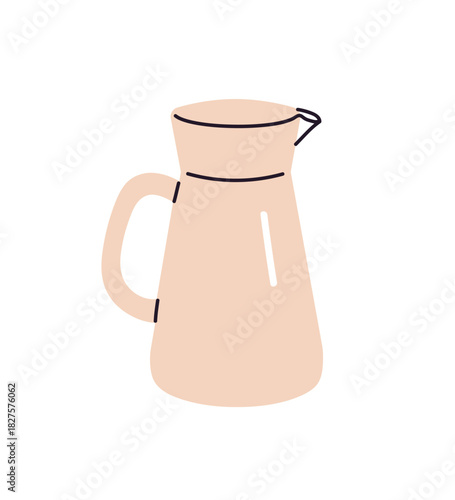 Glass pitcher is full of milk. Icon of jug of fresh water. Crock of lemonade, refreshing beverage. Pottery ewer, pot of drink. Kitchen utensil. Flat isolated vector illustration no white background