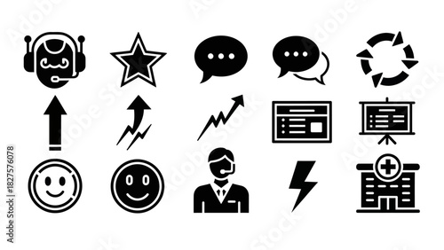 Assorted Black Icons Communication, Progress, Support, and Healthcare Elements