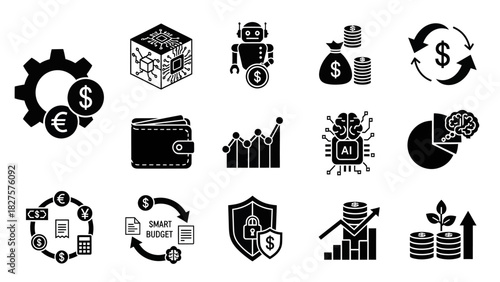 Financial Automation Icons AI, Budgeting, and Investment Symbols