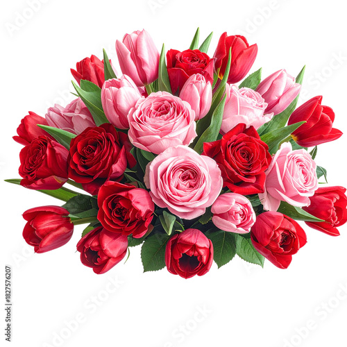  - Red and pink flowers isolated on a transparent background. Floral arrangement, bouquet of roses and tulips. Can be used for invitations, greeting, wedding card. 