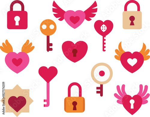 Valentine love heart keys and locks vector icons bundle scalable eps format