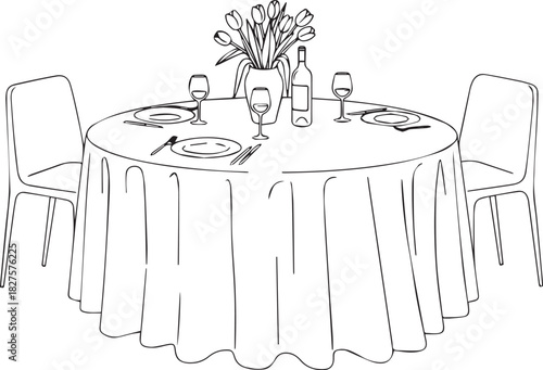 Elegant white tablecloth covered round dining table set for two with chairs and floral centerpiece