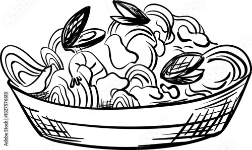 Hand-drawn Mediterranean food doodles featuring Italian pasta, cheese, and pizza. Perfect for dinner menus, picnic designs, or summer cuisine illustrations.