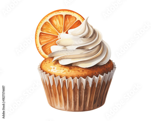 Illustration of watercolor illustration of an orange cupcake with cream frosting isolated on white background
