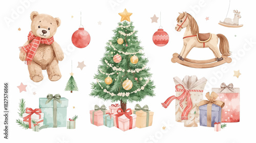 A charming watercolor illustration features a festive Christmas tree, teddy bear, rocking horse, gifts, and ornaments, creating a joyful holiday scene.