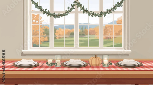A beautifully set Thanksgiving table with plates, napkins, and a pumpkin centerpiece, overlooking a scenic autumn landscape through a large window.