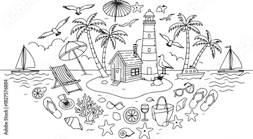 Whimsical hand drawn sketch of a tropical island paradise with a lighthouse palm trees and ocean waves