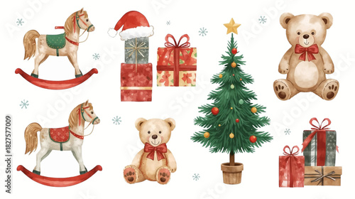 Watercolor illustration featuring Christmas decorations, including a festive tree, wrapped presents, rocking horses, and adorable teddy bears, evoking holiday cheer.