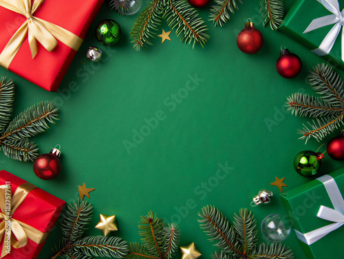 Christmas holiday gifts and ornaments on green background