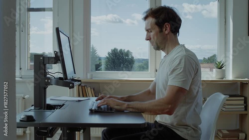 Man typing on keyboard at a comfortable ergonomic desk setup during work from home. Remote work productivity with natural window light.