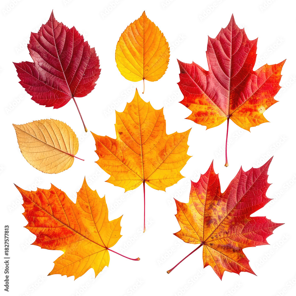 Fototapeta premium Colorful autumn leaves displayed with gradients and varying shapes