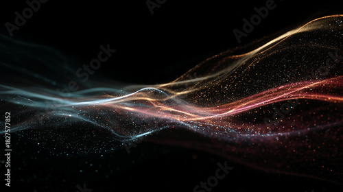 黒い深宇宙に青とオレンジの微細な光の粒子が緩やかに流れながら拡散する抽象的なウェーブ