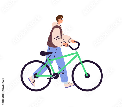 Happy boy pushes and goes near his bike. Bicyclist rolls bicycle for parking. Cyclist walks after riding. Young man with urban eco transport. Flat isolated vector illustration on white background